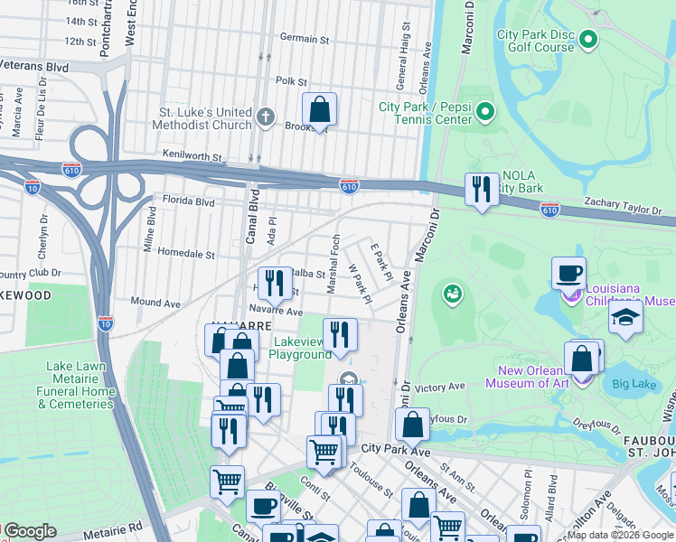 map of restaurants, bars, coffee shops, grocery stores, and more near 914 Pontalba Street in New Orleans