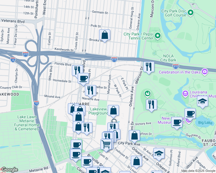 map of restaurants, bars, coffee shops, grocery stores, and more near 914 Pontalba Street in New Orleans