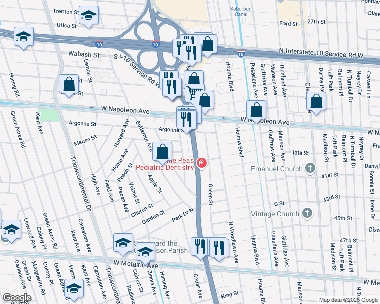 map of restaurants, bars, coffee shops, grocery stores, and more near 1804 Clearview Parkway in Metairie