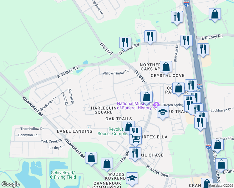 map of restaurants, bars, coffee shops, grocery stores, and more near 14934 Darbydale Drive in Houston