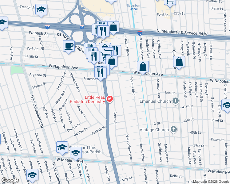 map of restaurants, bars, coffee shops, grocery stores, and more near 4409 Windsor Street in Metairie