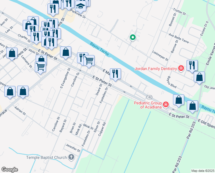 map of restaurants, bars, coffee shops, grocery stores, and more near 199 Fontelieu Drive in New Iberia