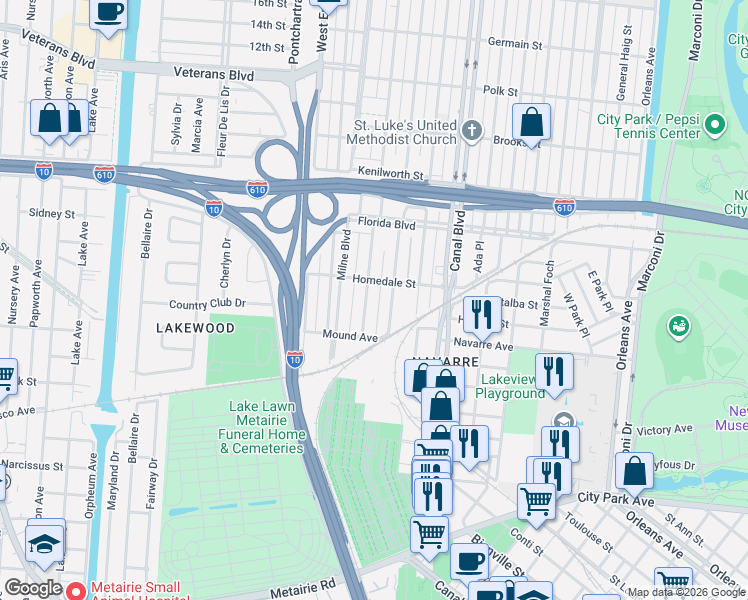map of restaurants, bars, coffee shops, grocery stores, and more near 5562 Woodlawn Place in New Orleans