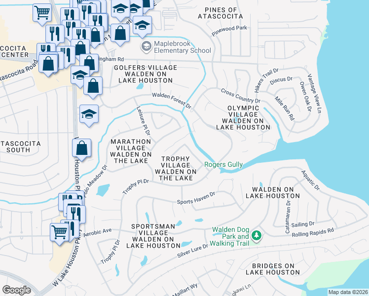 map of restaurants, bars, coffee shops, grocery stores, and more near 18826 Racquet Ridge Road in Humble