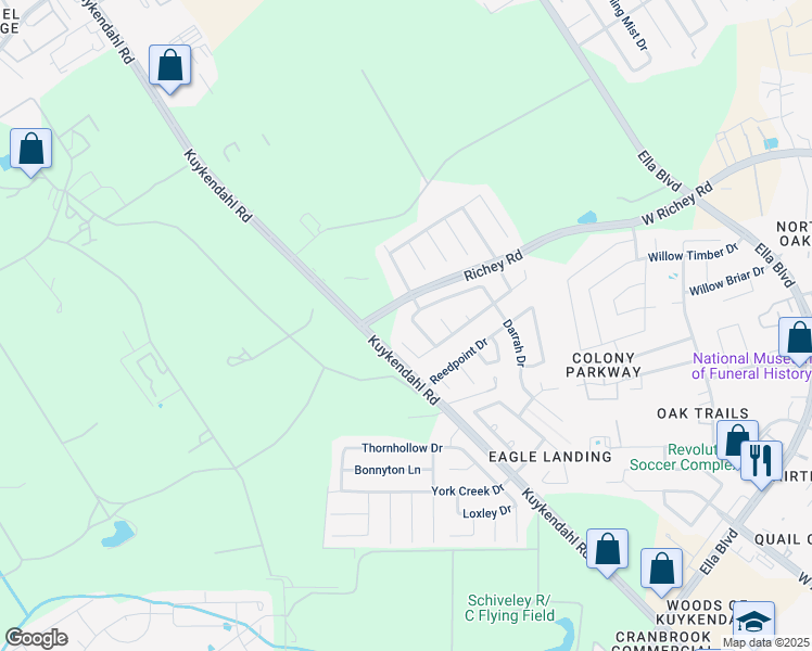 map of restaurants, bars, coffee shops, grocery stores, and more near 14434 Prickly Pear Court in Houston