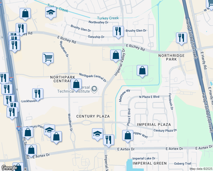 map of restaurants, bars, coffee shops, grocery stores, and more near Imperial Valley Drive in Houston