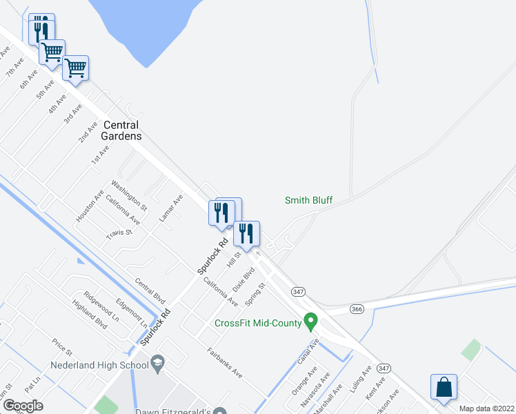 map of restaurants, bars, coffee shops, grocery stores, and more near 2300 North Twin City Highway in Nederland