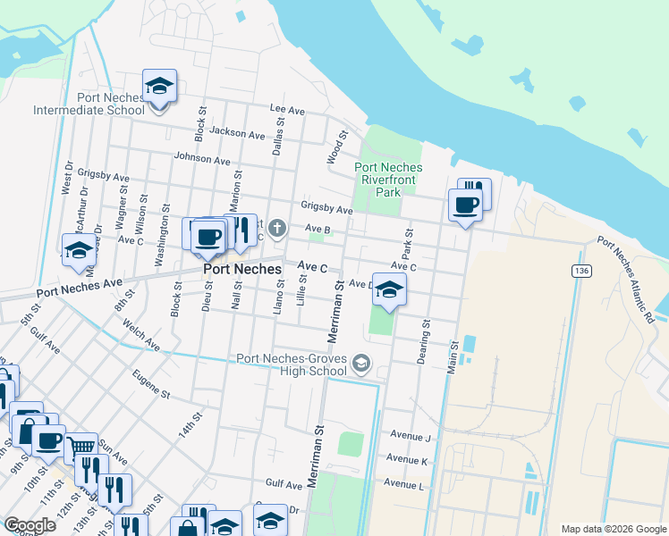 map of restaurants, bars, coffee shops, grocery stores, and more near 1208 Merriman Street in Port Neches