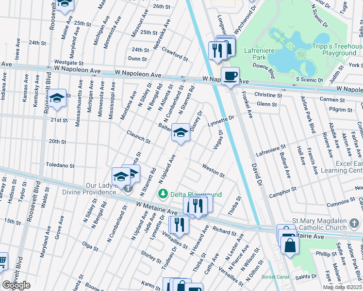 map of restaurants, bars, coffee shops, grocery stores, and more near 1409 North Upland Avenue in Metairie