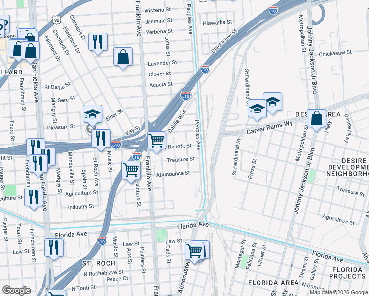 map of restaurants, bars, coffee shops, grocery stores, and more near 2 Treasure Street in New Orleans