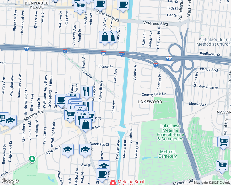 map of restaurants, bars, coffee shops, grocery stores, and more near 100 Canal Street in Metairie