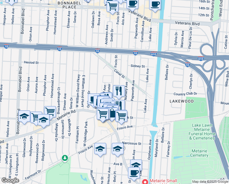 map of restaurants, bars, coffee shops, grocery stores, and more near 302 Rue Saint Peter in Metairie