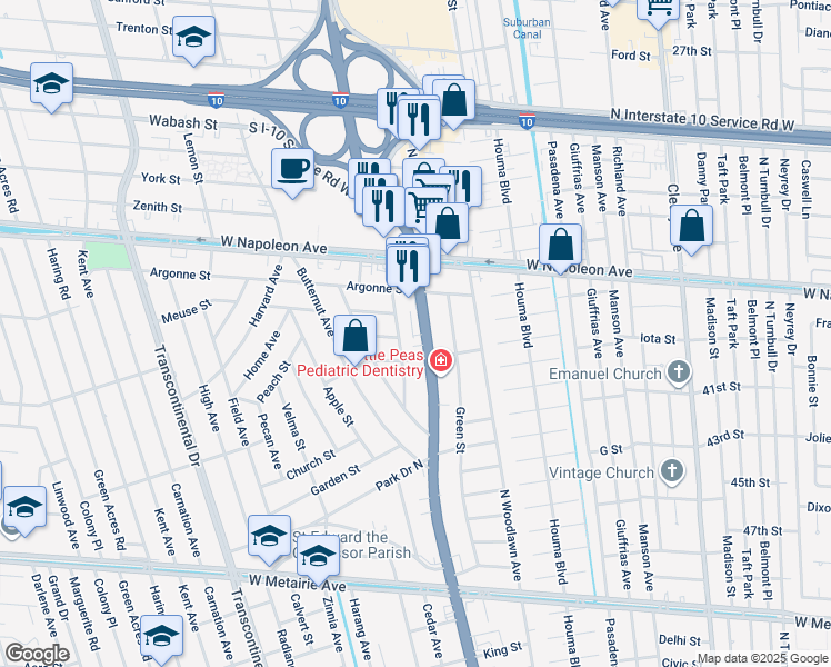 map of restaurants, bars, coffee shops, grocery stores, and more near 1804 Clearview Parkway in Metairie