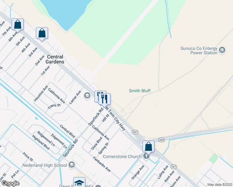 map of restaurants, bars, coffee shops, grocery stores, and more near 2300 North Twin City Highway in Nederland