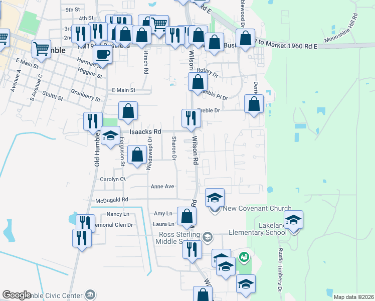 map of restaurants, bars, coffee shops, grocery stores, and more near 612 Wilson Road in Humble