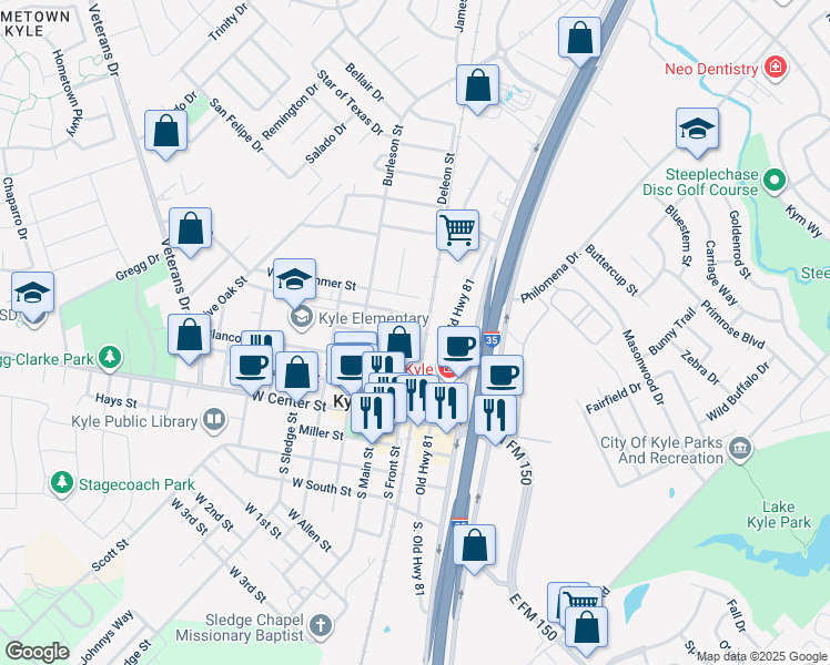 map of restaurants, bars, coffee shops, grocery stores, and more near 313 North Front Street in Kyle