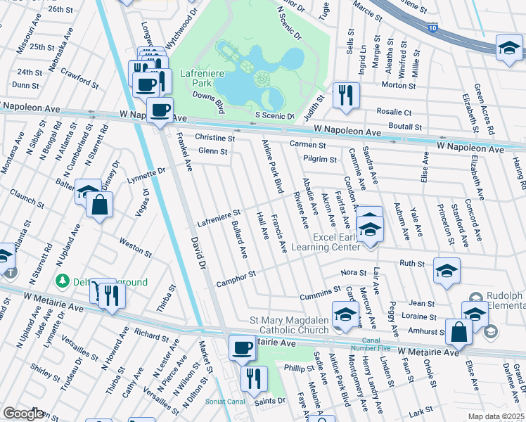 map of restaurants, bars, coffee shops, grocery stores, and more near 1612 Hall Avenue in Metairie