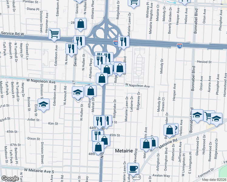 map of restaurants, bars, coffee shops, grocery stores, and more near 1824 Ridgelake Drive in Metairie
