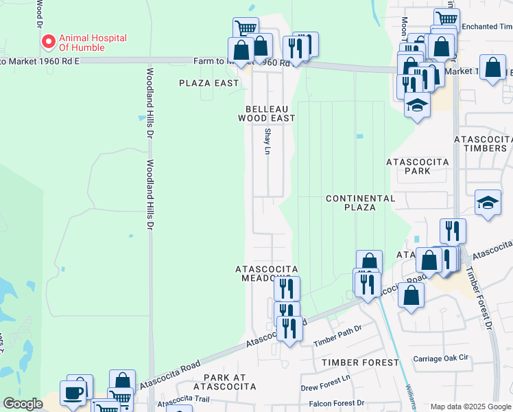 map of restaurants, bars, coffee shops, grocery stores, and more near 18646 Artesian Way in Humble