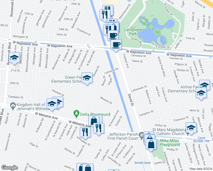map of restaurants, bars, coffee shops, grocery stores, and more near 1408 Vegas Drive in Metairie