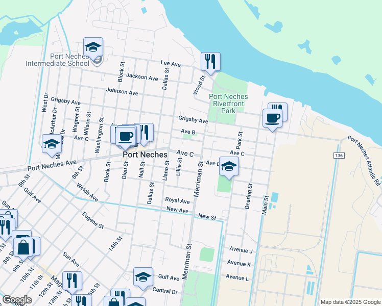 map of restaurants, bars, coffee shops, grocery stores, and more near 718 Avenue C in Port Neches