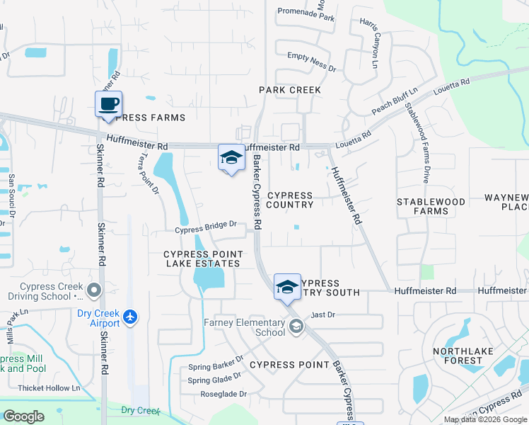 map of restaurants, bars, coffee shops, grocery stores, and more near 16203 Ladino Run Street in Harris County