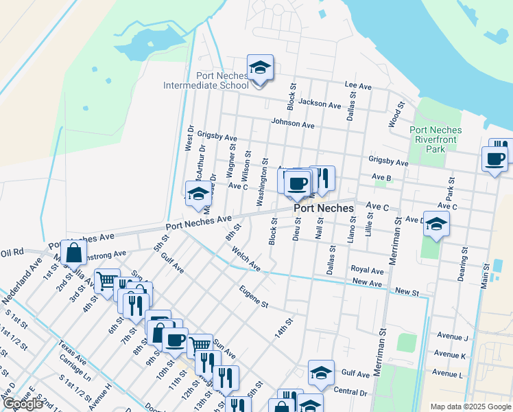 map of restaurants, bars, coffee shops, grocery stores, and more near 1502 Port Neches Avenue in Port Neches