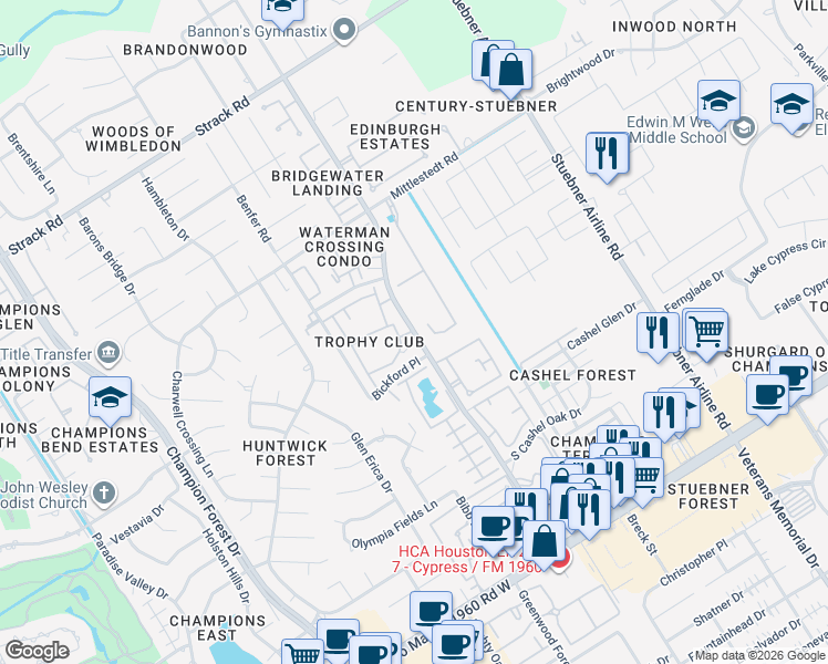 map of restaurants, bars, coffee shops, grocery stores, and more near 14525 Wunderlich Drive in Houston