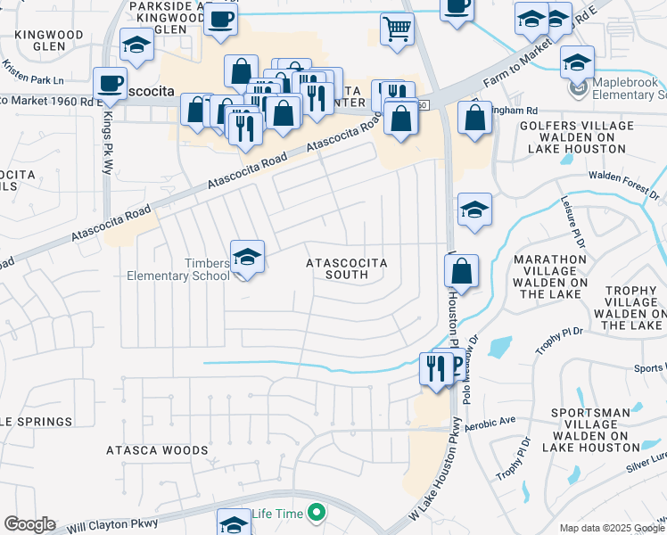 map of restaurants, bars, coffee shops, grocery stores, and more near 7215 Thicket Trail Drive in Humble