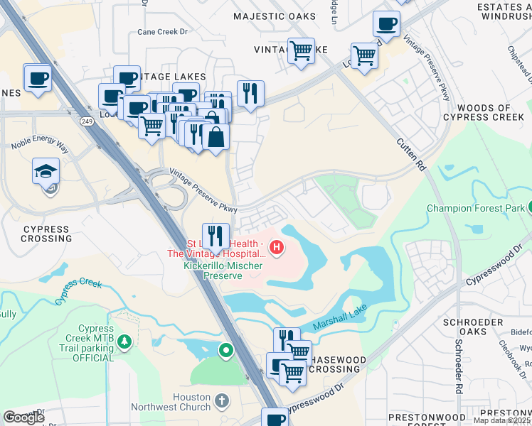 map of restaurants, bars, coffee shops, grocery stores, and more near 14557 San Pietro Drive in Houston