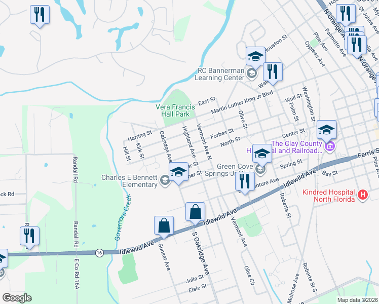 map of restaurants, bars, coffee shops, grocery stores, and more near 211 Highland Avenue in Green Cove Springs