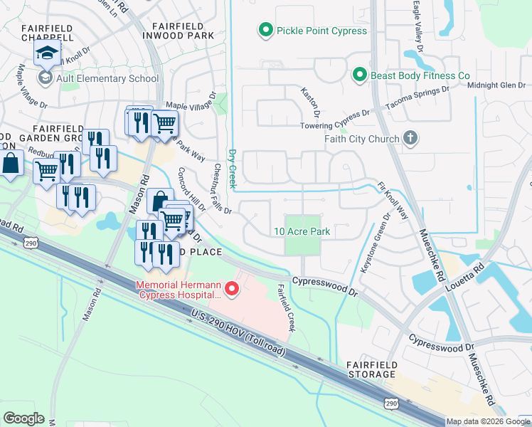 map of restaurants, bars, coffee shops, grocery stores, and more near 15131 Red Cedar Cove Lane in Cypress