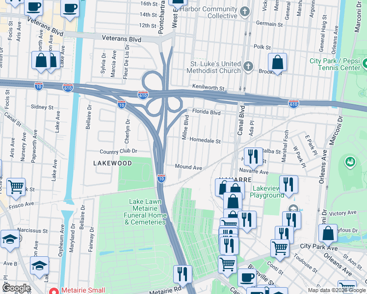 map of restaurants, bars, coffee shops, grocery stores, and more near 5523 Milne Boulevard in New Orleans