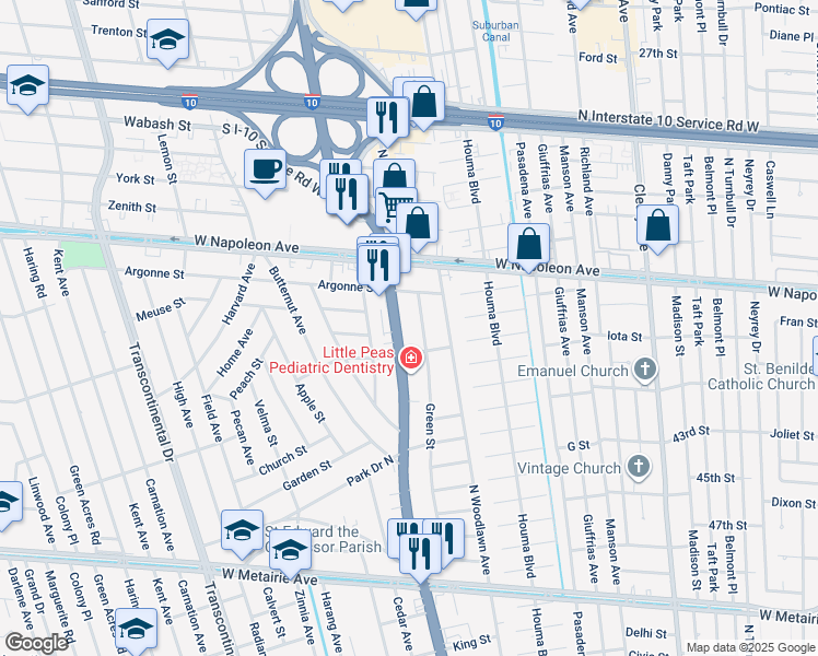 map of restaurants, bars, coffee shops, grocery stores, and more near 4409 Windsor Street in Metairie