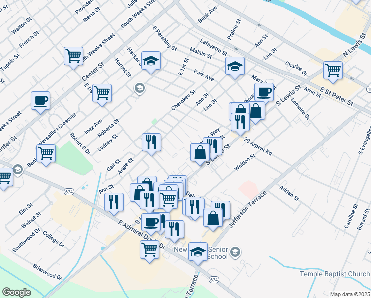 map of restaurants, bars, coffee shops, grocery stores, and more near 802 Arianna Drive in New Iberia