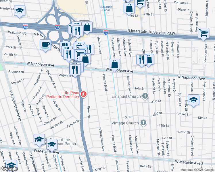map of restaurants, bars, coffee shops, grocery stores, and more near 1913 Houma Boulevard in Metairie