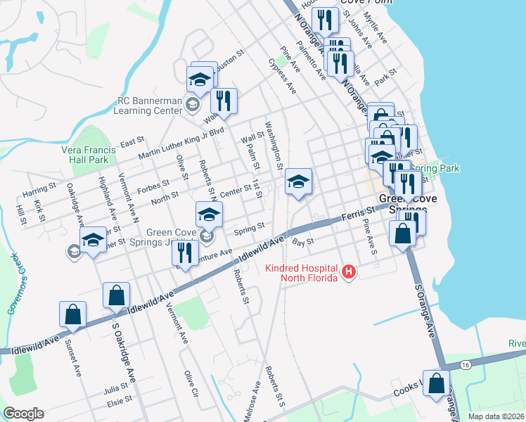 map of restaurants, bars, coffee shops, grocery stores, and more near Walnut Street in Green Cove Springs