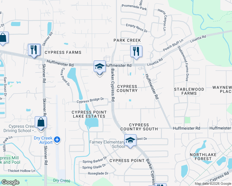 map of restaurants, bars, coffee shops, grocery stores, and more near 16203 Ladino Run Street in Cypress