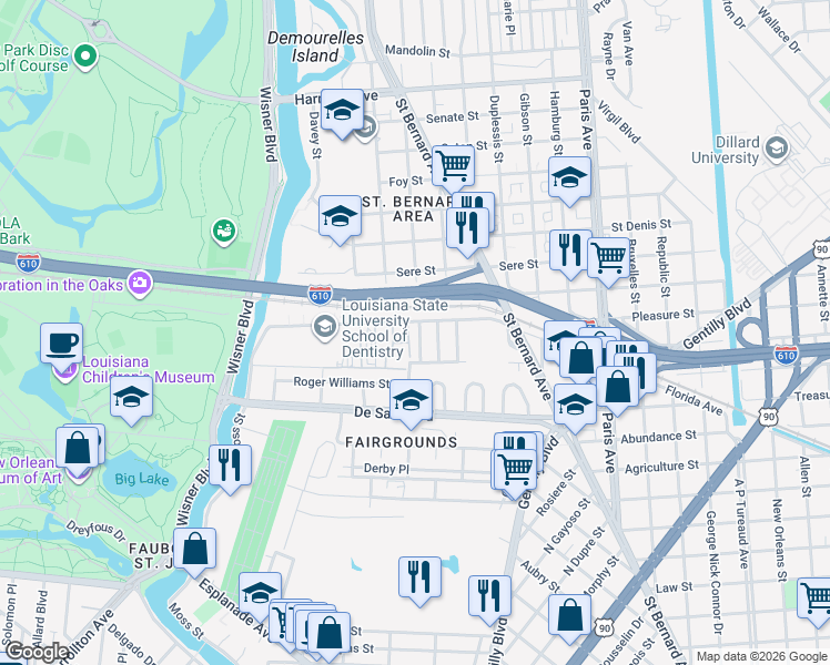 map of restaurants, bars, coffee shops, grocery stores, and more near 108 Wilshire Place in New Orleans