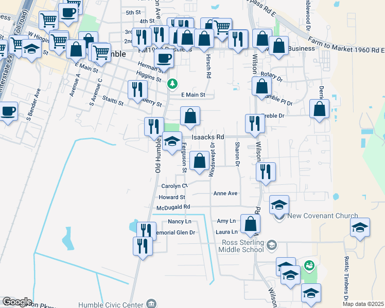 map of restaurants, bars, coffee shops, grocery stores, and more near 537 Ferguson Street in Humble