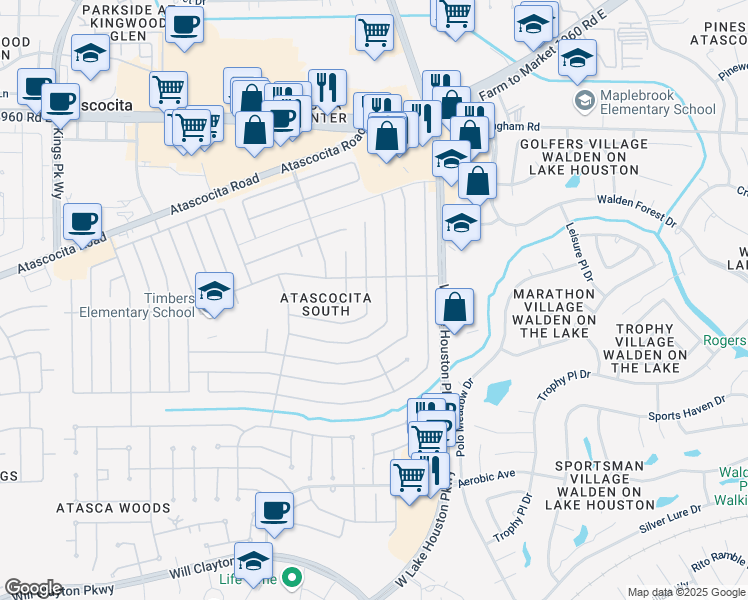 map of restaurants, bars, coffee shops, grocery stores, and more near 18806 Pine Trace Court in Humble