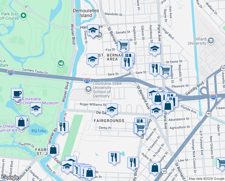 map of restaurants, bars, coffee shops, grocery stores, and more near 108 Wilshire Place in New Orleans