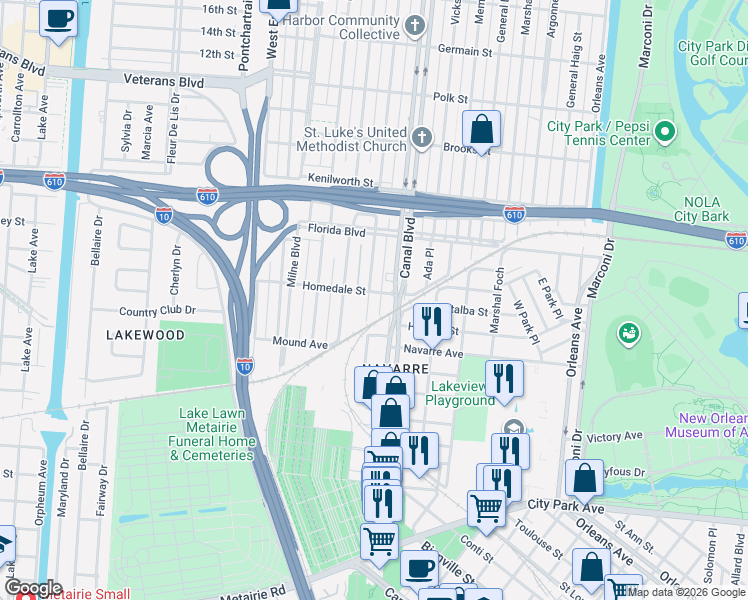 map of restaurants, bars, coffee shops, grocery stores, and more near 5512 Hawthorne Place in New Orleans