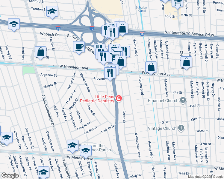 map of restaurants, bars, coffee shops, grocery stores, and more near 1804 Clearview Parkway in Metairie