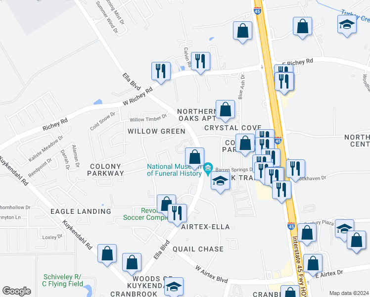 map of restaurants, bars, coffee shops, grocery stores, and more near 15455 Ella Boulevard in Houston