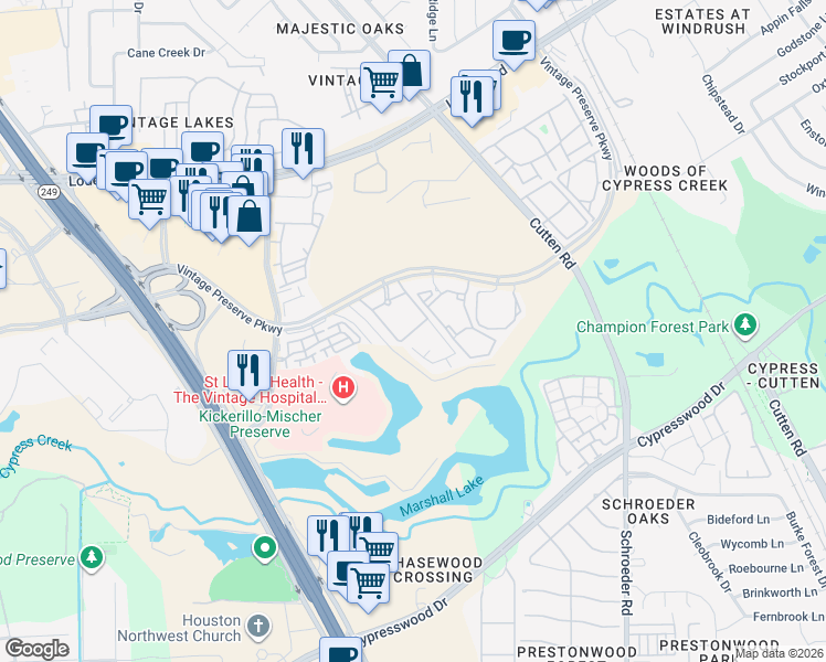 map of restaurants, bars, coffee shops, grocery stores, and more near 14557 San Pietro Drive in Houston