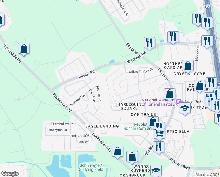 map of restaurants, bars, coffee shops, grocery stores, and more near 14314 Alaman Drive in Houston
