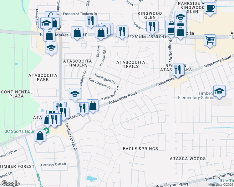 map of restaurants, bars, coffee shops, grocery stores, and more near 18726 Twigsworth Lane in Humble