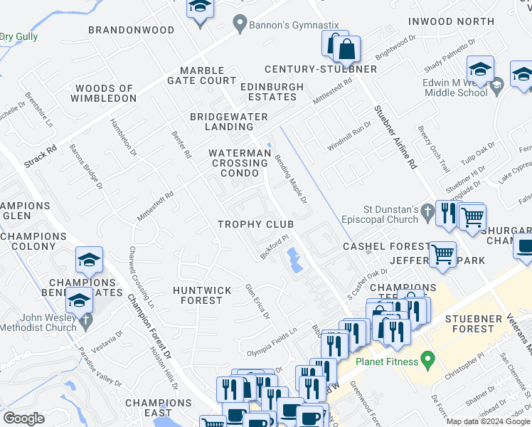 map of restaurants, bars, coffee shops, grocery stores, and more near 14515 Wunderlich Drive in Houston