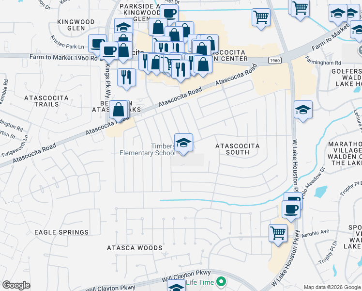 map of restaurants, bars, coffee shops, grocery stores, and more near 18919 Oakway Drive in Humble